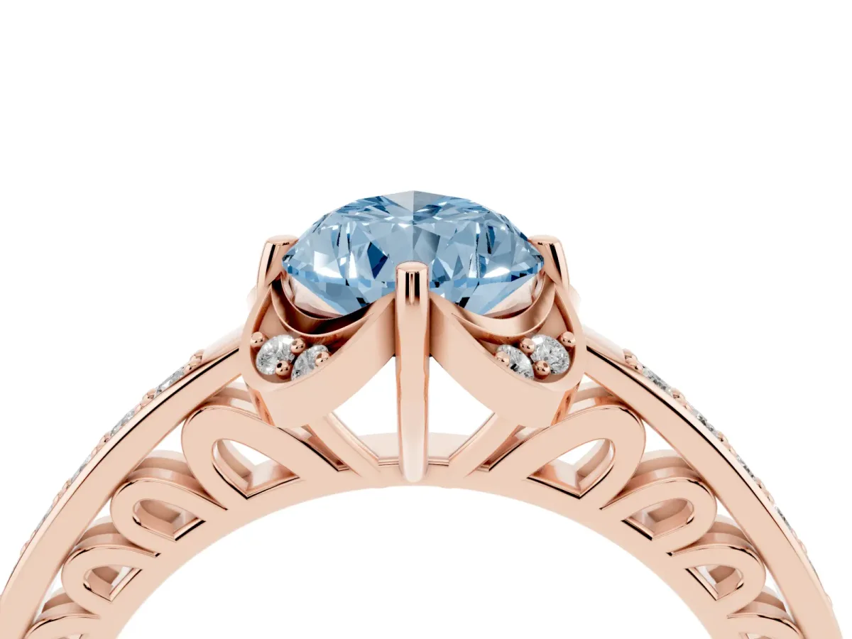 Fancy Blue Pear Cut Cut Halo Diamond Ring with Channel Set Band and Four-Prong Setting Rose gold
