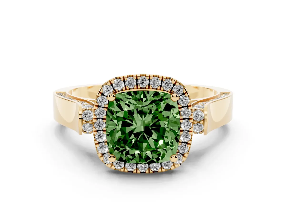 Fancy Green Cushion Cut Halo Pave Split Shank Prong Setting Ring Yellow gold