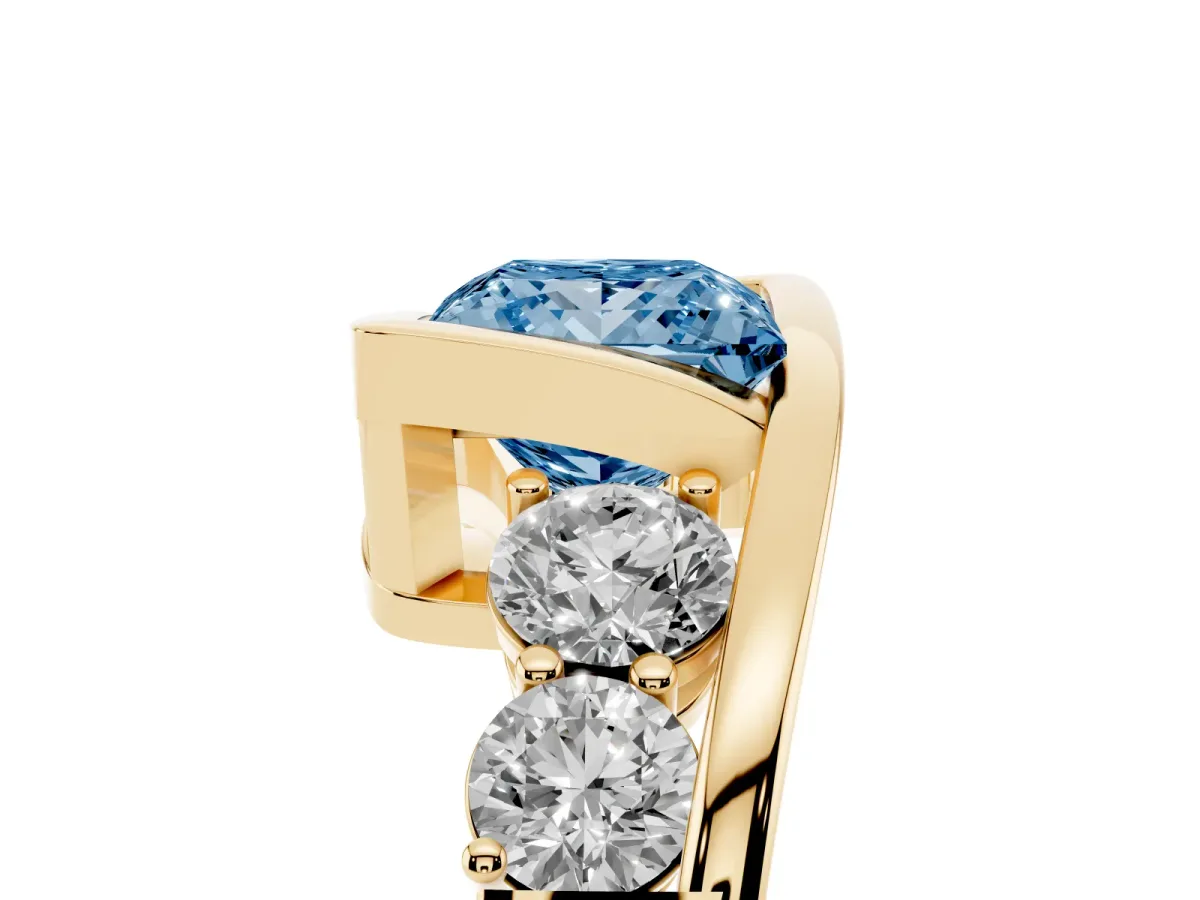 Fancy Blue Bezel Set Princess Cut Diamond Bypass Ring with Round Accents Yellow gold