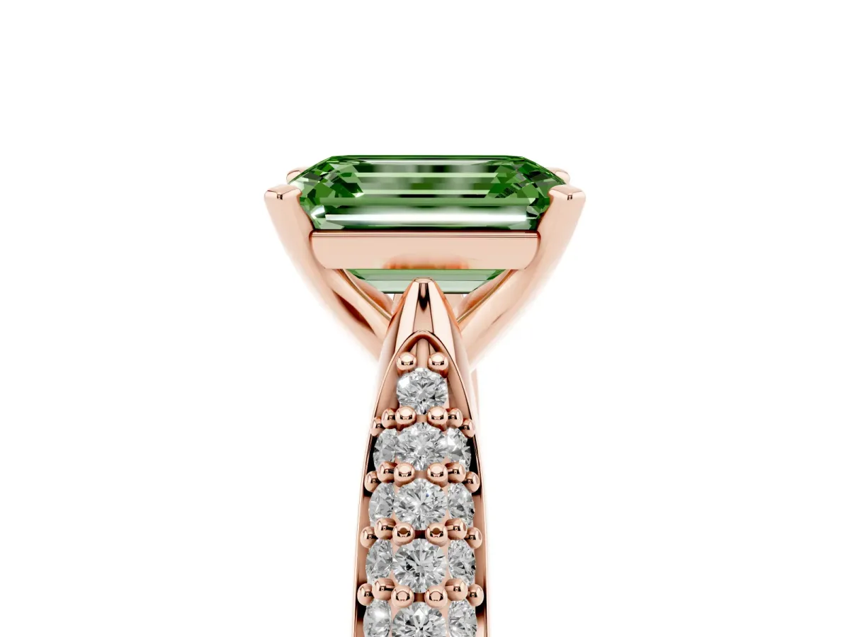 Fancy Green Emerald Cut Diamond Solitaire Engagement Ring with Multi-Row Round Pavé Band and Prong Setting Rose gold