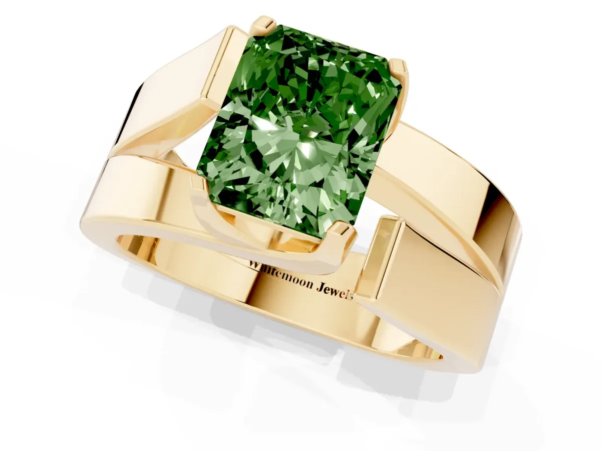 Fancy Green Modern Tension Set Radiant Cut Diamond Solitaire Wide Band Ring Yellow gold