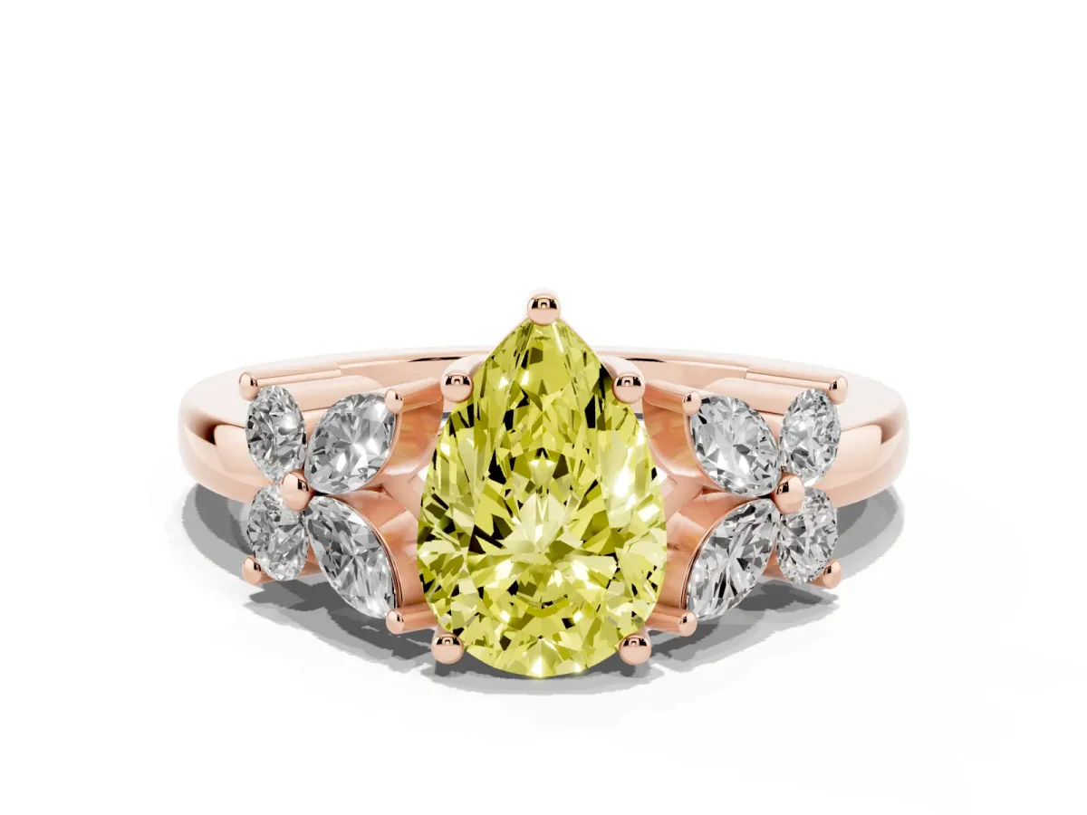 Fancy Yellow Pear Cut Diamond Floral Cluster Ring with Solitaire Band and Prong Setting Rose gold