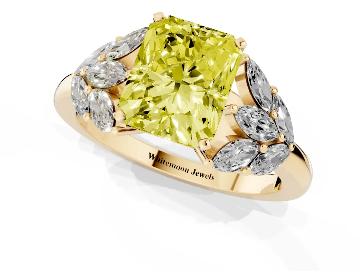Fancy Yellow Radiant Cut Diamond Cluster Leaf Design Ring with Prong Setting Yellow gold
