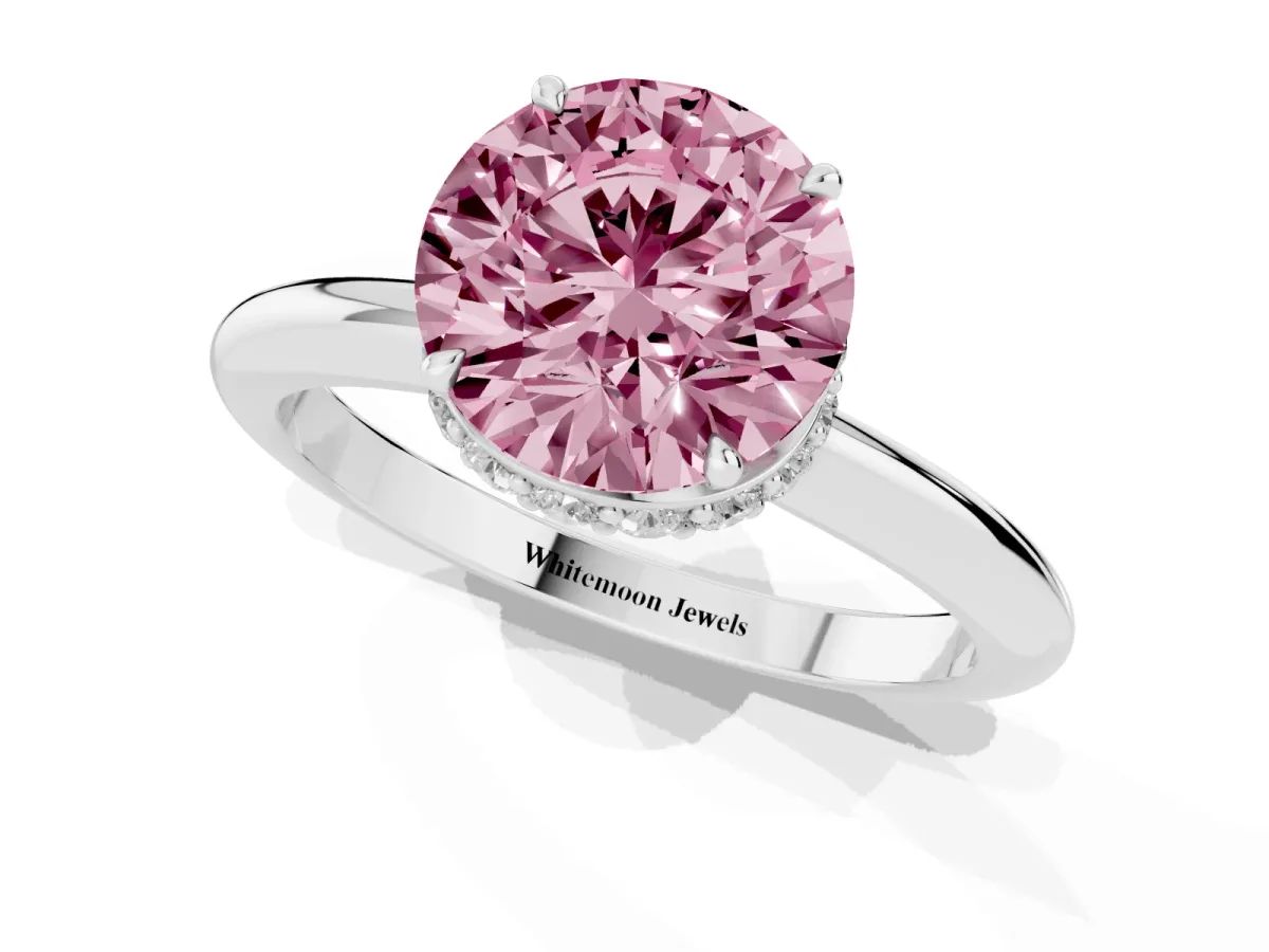 Fancy Pink Round Cut Brilliant Solitaire Engagement Ring with Six-Prong Setting and Classic Band White gold