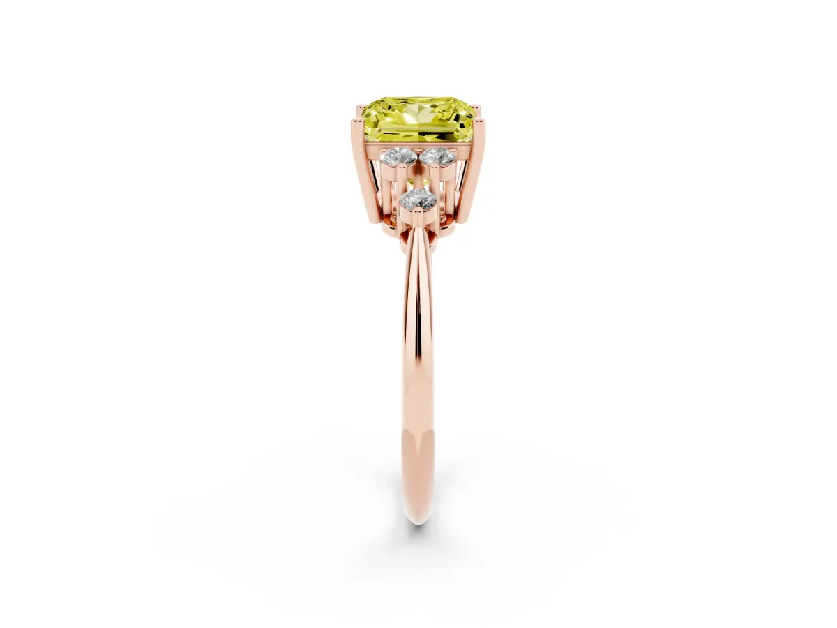Fancy Yellow Princess Cut Cut Diamond Cluster Ring with Solitaire Band and Four-Prong Setting Rose gold