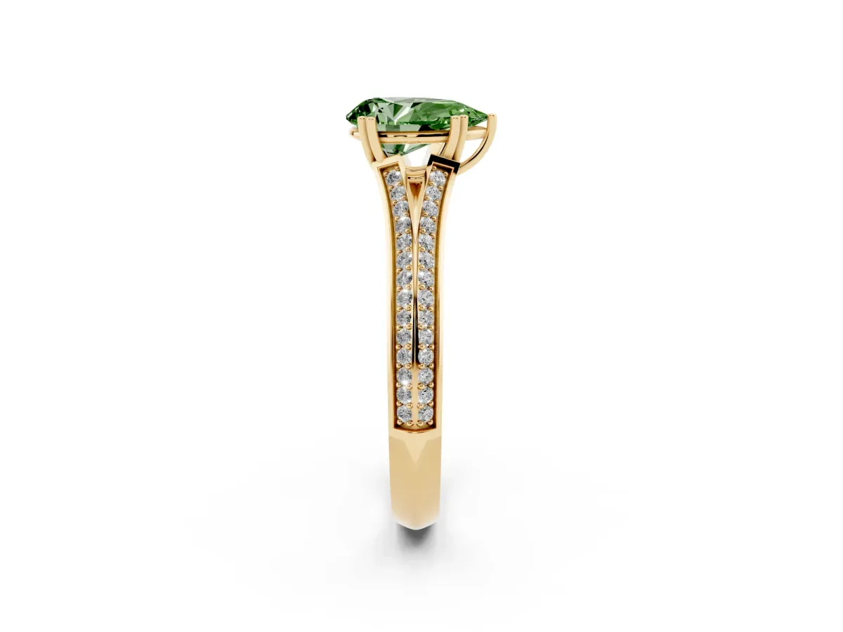 Fancy Green Pear Cut Diamond Split Shank Engagement Ring with Pavé Band Yellow gold