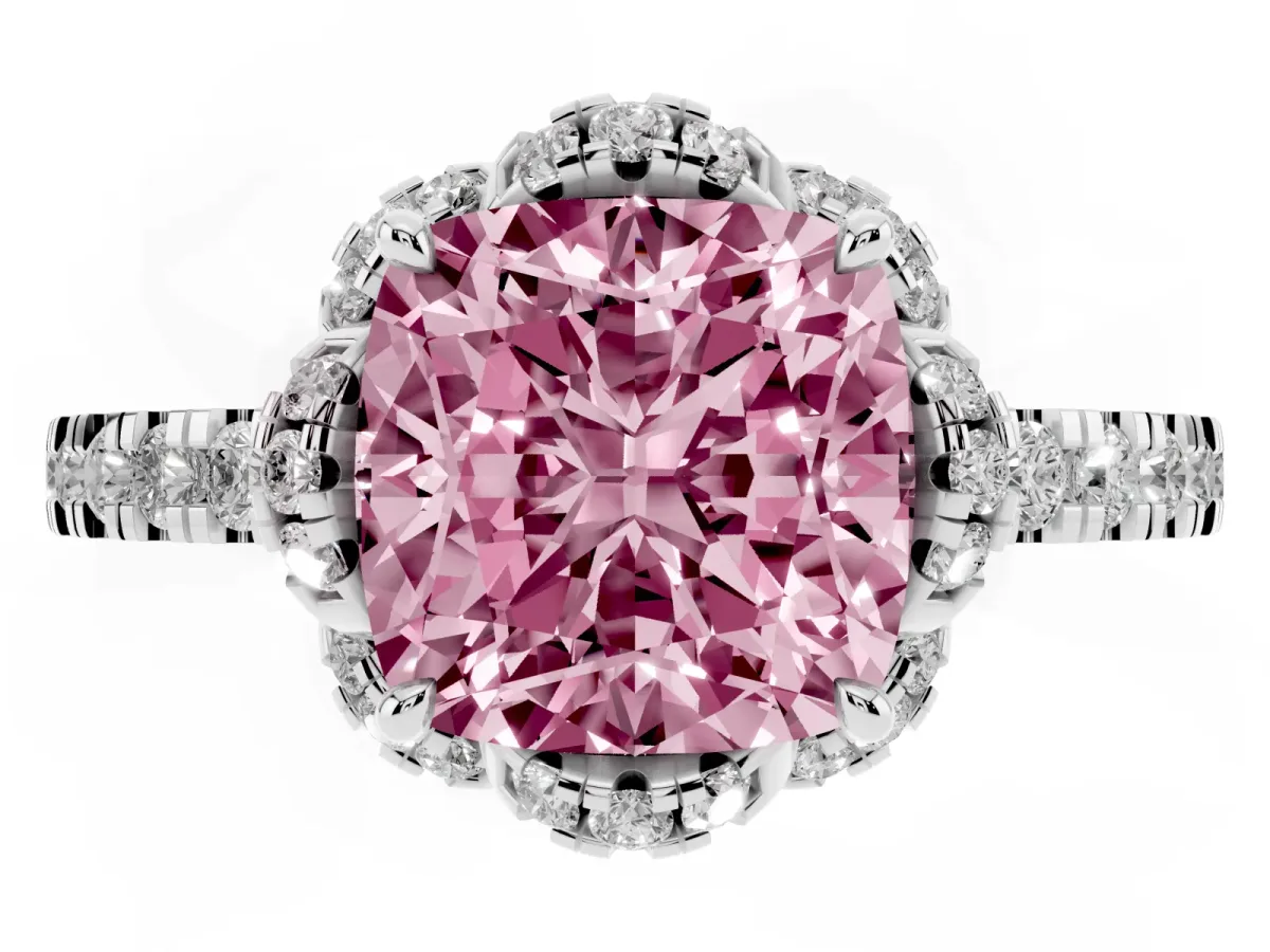 Fancy Pink Cushion Cut Halo Diamond Pave Band Ring with Four-Prong Setting Silver