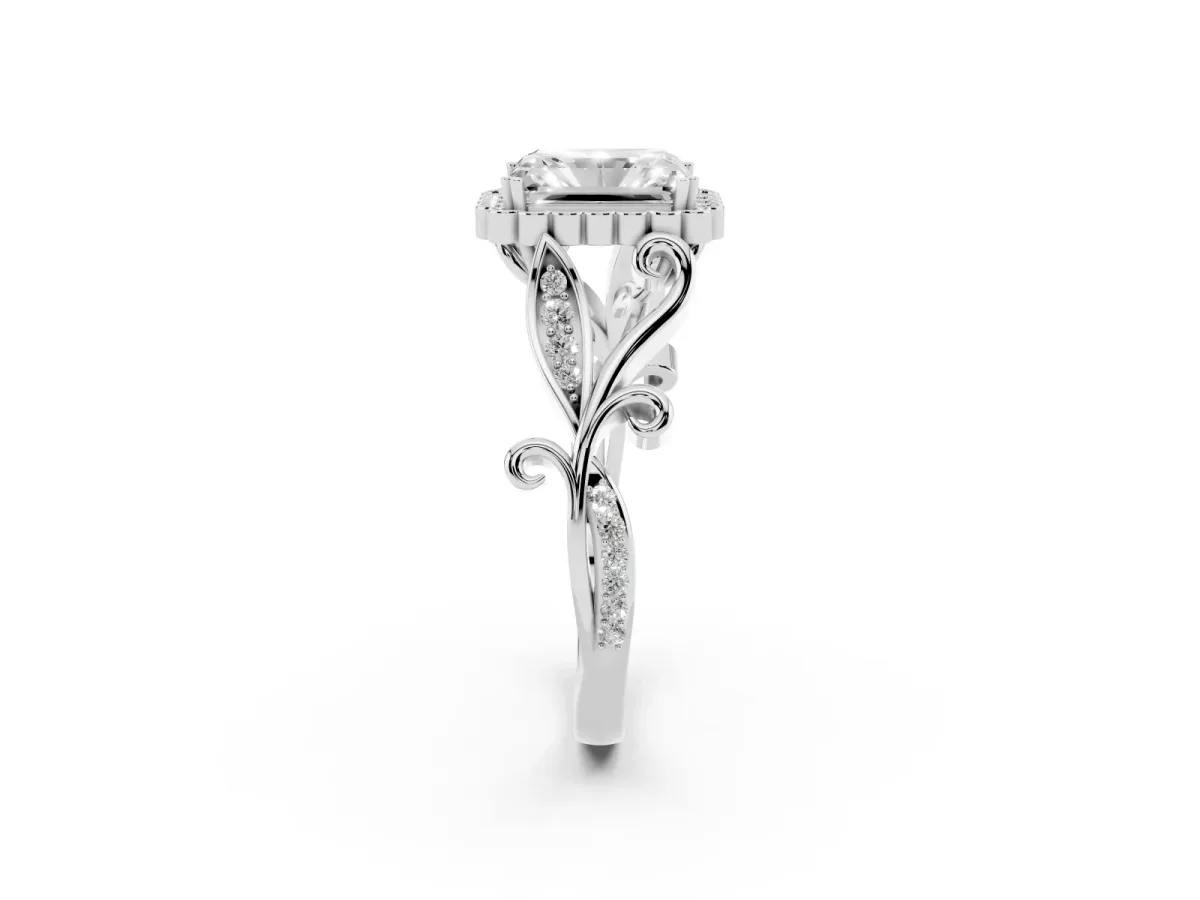 Radiant Cut Diamond Halo Ring with Vintage Split Shank and Four-Prong Setting Silver