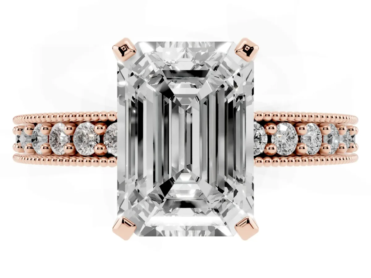 Emerald Cut Diamond Milgrain Pavé Engagement Ring with Four-Prong Setting Rose gold