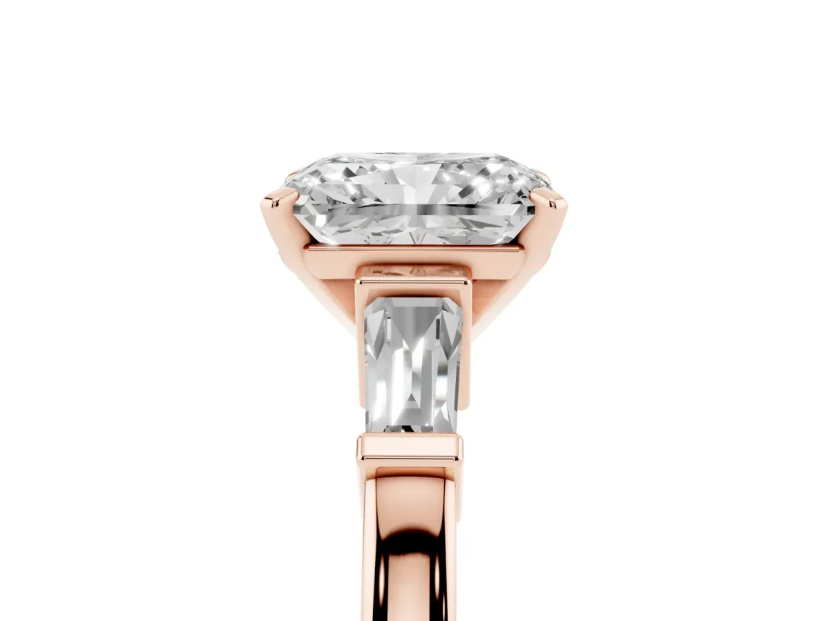 Radiant Cut Cut Diamond Solitaire Ring with Tapered Baguette Accents and Four-Prong Setting Rose gold