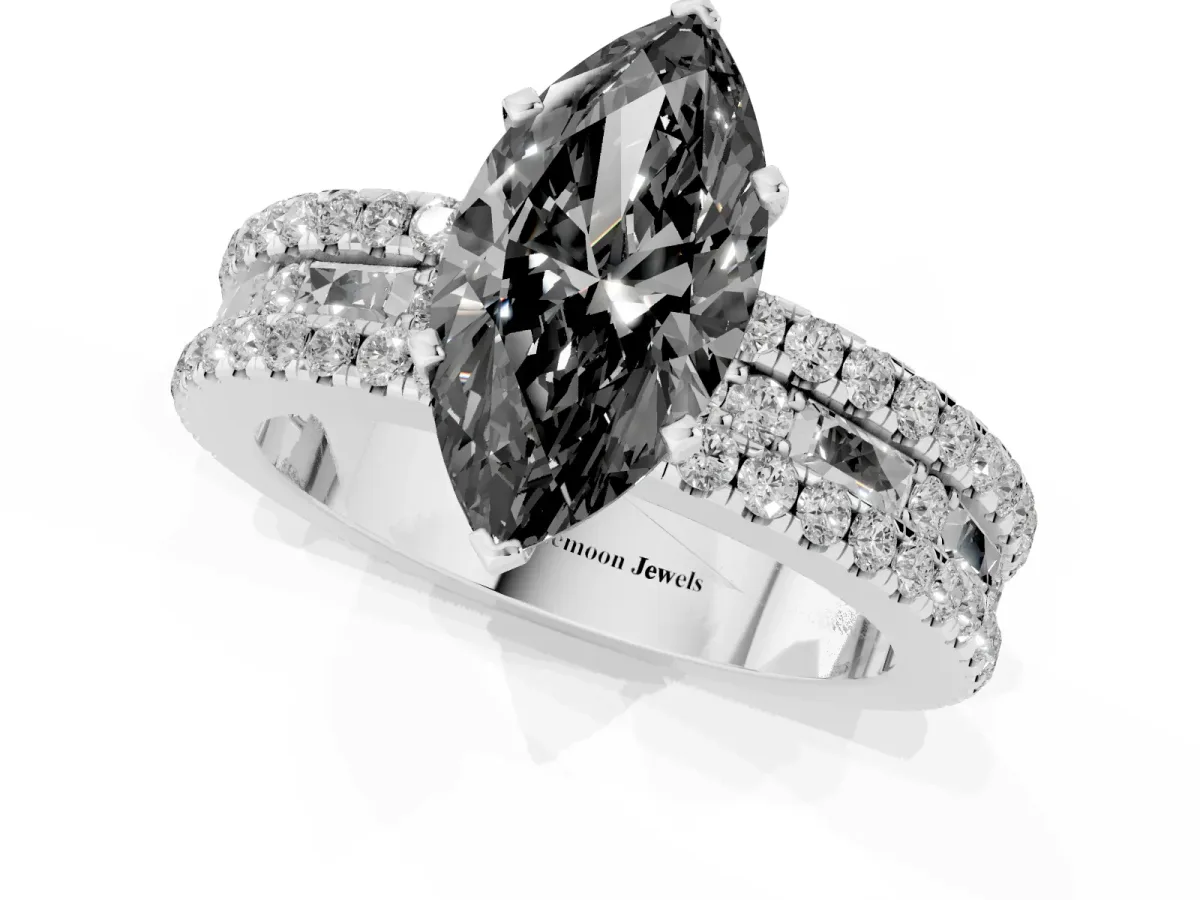 Fancy Black Marquise Cut Diamond Solitaire Ring with Pavé and Channel Set Band Silver