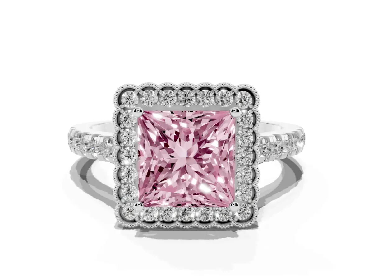 Fancy Pink Princess Cut Cut Diamond Milgrain Floral Halo Engagement Ring with Pavé Band Silver