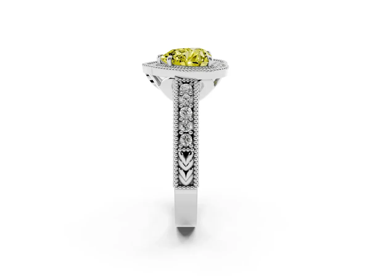Fancy Yellow Heart Cut Cut Halo Diamond Ring with Pavé Band and Four-Prong Setting White gold