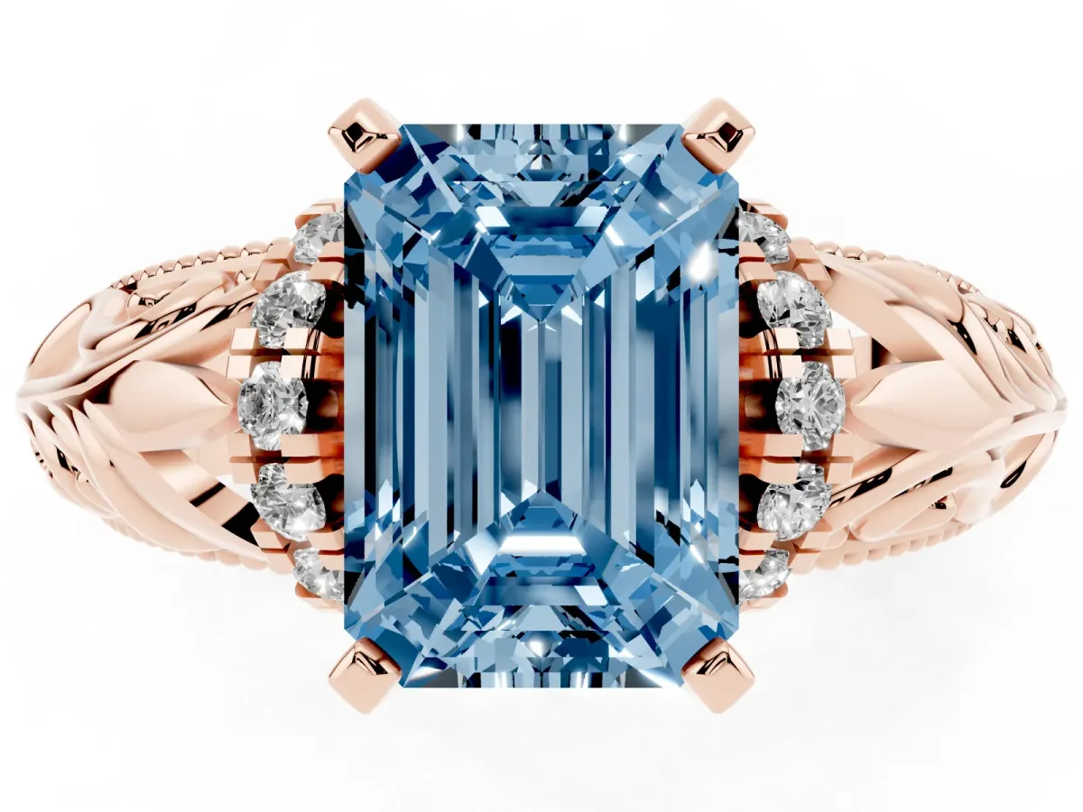 Fancy Blue Emerald Cut Solitaire Filigree Engagement Ring with Halo and Prong Setting Rose gold