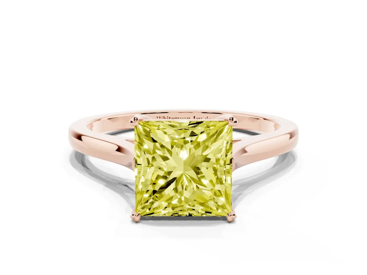 Fancy Yellow Princess Cut Solitaire Heart Prong Engagement Ring with Tapered Band Rose gold