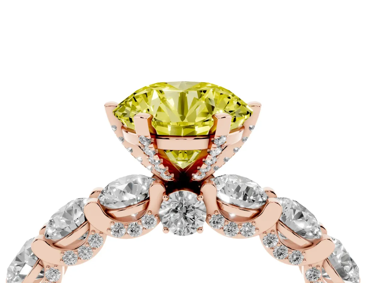 Fancy Yellow Round Cut Diamond Side Stone Engagement Ring with Four-Prong Setting Rose gold