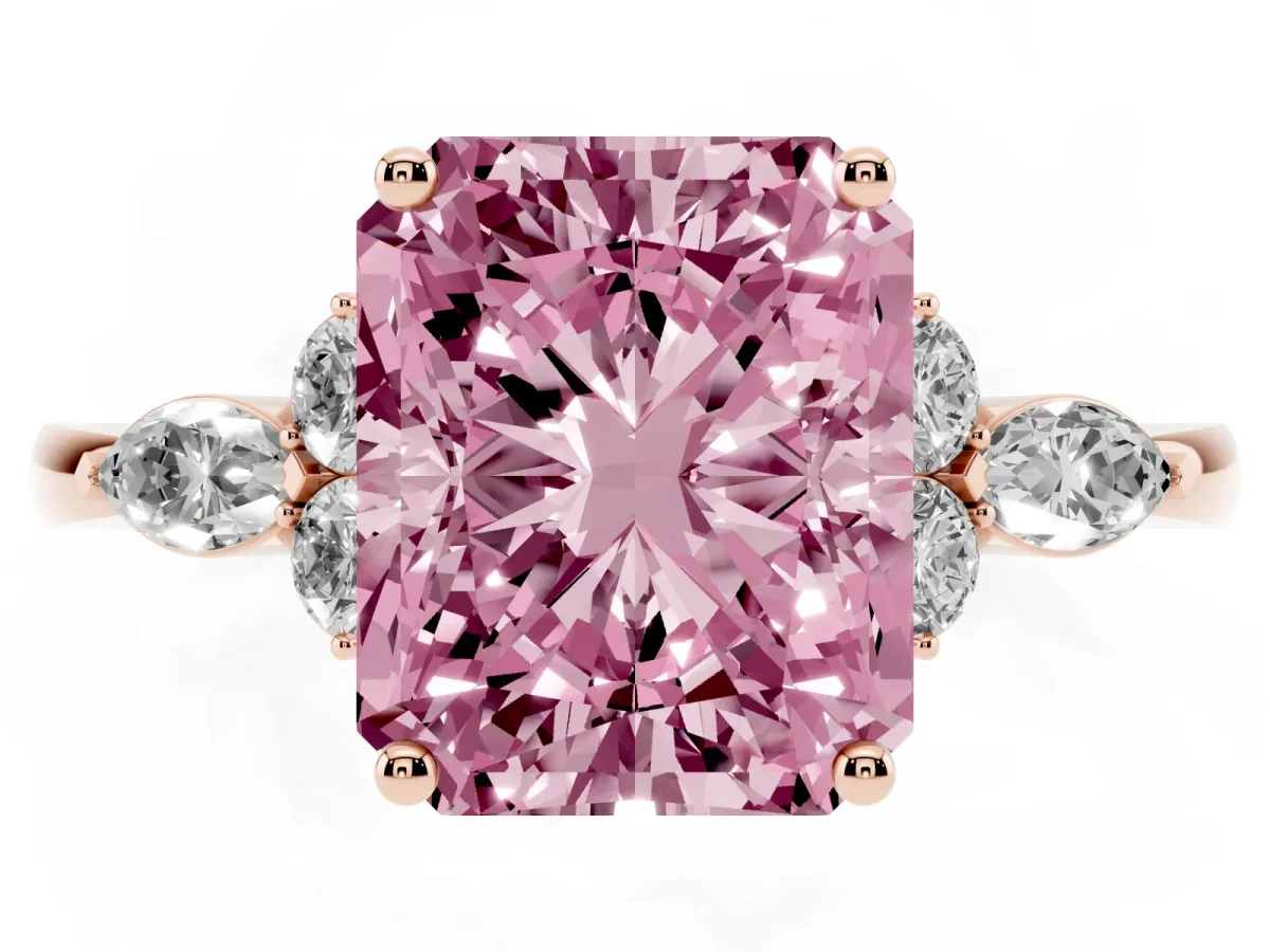 Fancy Pink Radiant Cut Brilliant Diamond Solitaire Ring with Pear Side Stones and Four-Prong Setting Rose gold