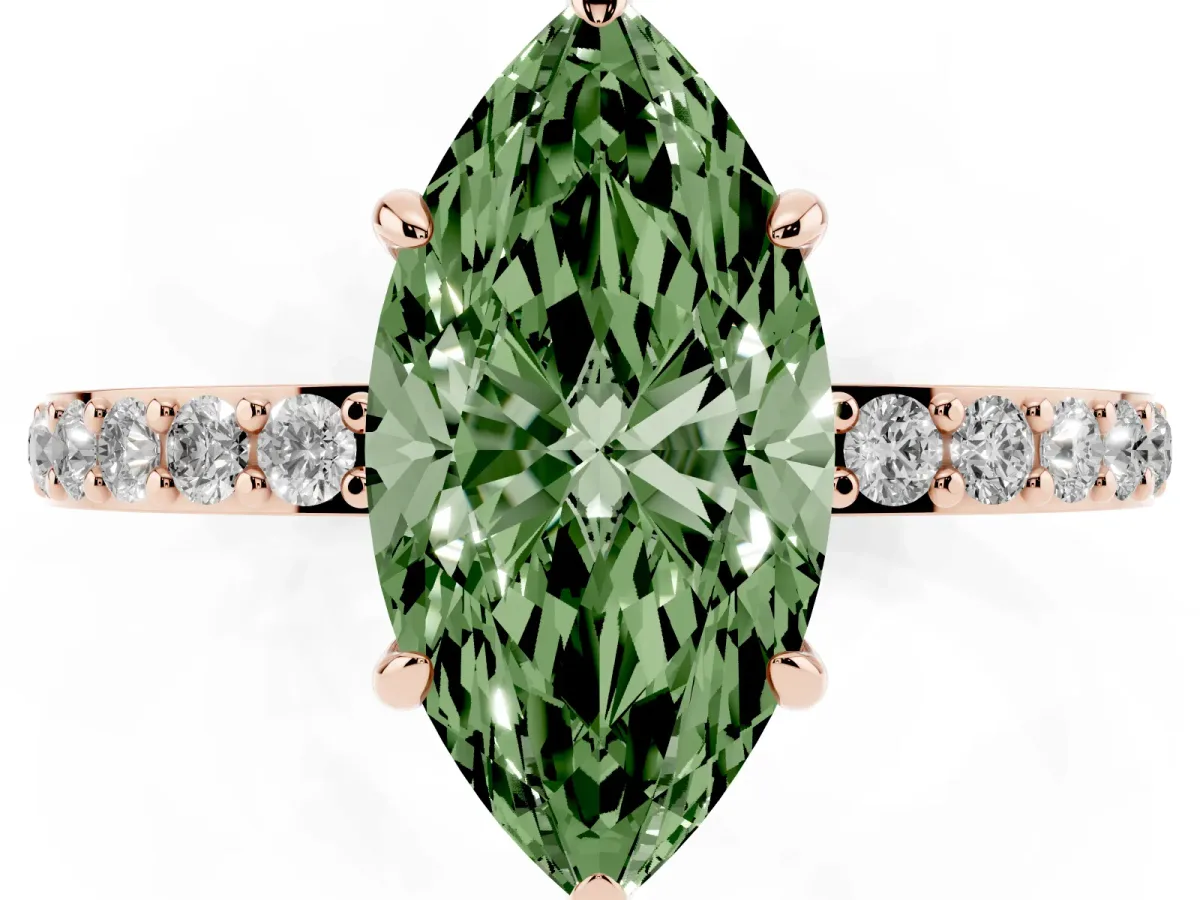 Fancy Green Marquise Cut Diamond Pavé Engagement Ring with Round Accents and Prong Setting Rose gold