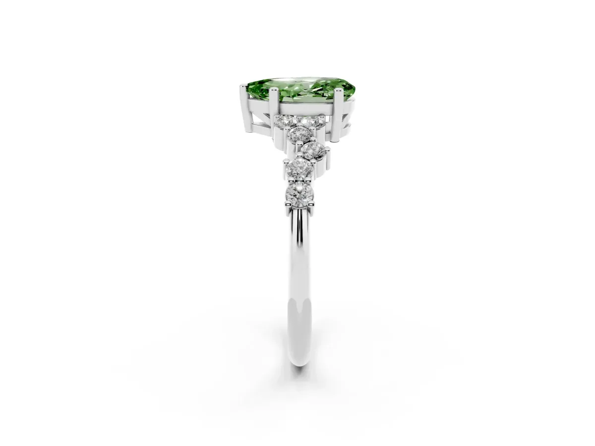 Fancy Green Pear Cut Diamond Scattered Round Accent Ring with Prong Setting Platinum