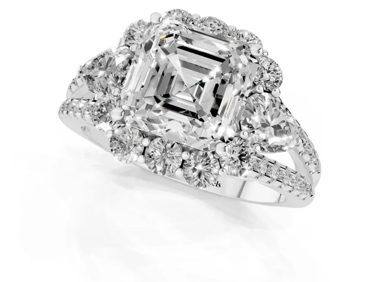 Asscher Cut Halo Split Shank Diamond Engagement Ring with Prong Setting Platinum