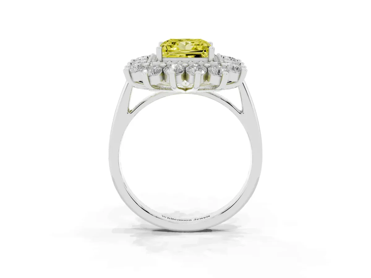 Fancy Yellow Princess Cut Diamond Floral Double Halo Engagement Ring with Prong Setting White gold