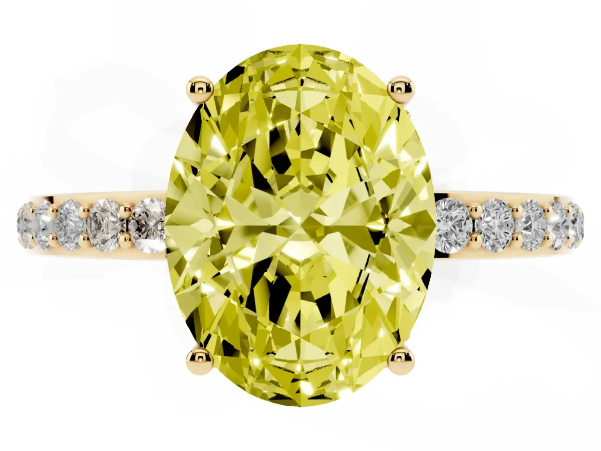 Fancy Yellow Oval Cut Diamond Solitaire Ring with Pavé Band and Hidden Halo Yellow gold