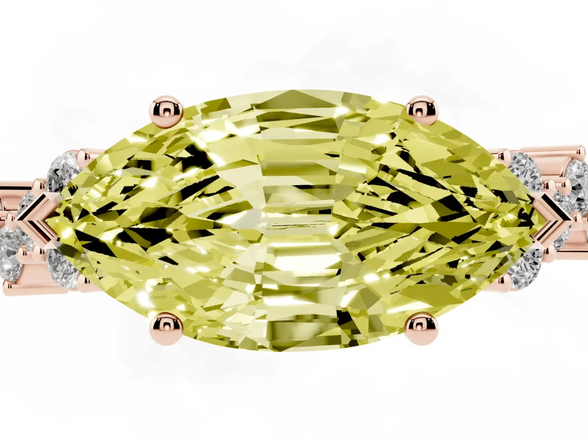 Fancy Yellow Marquise Cut Diamond Scattered Round Accent Ring with Prong Setting Rose gold