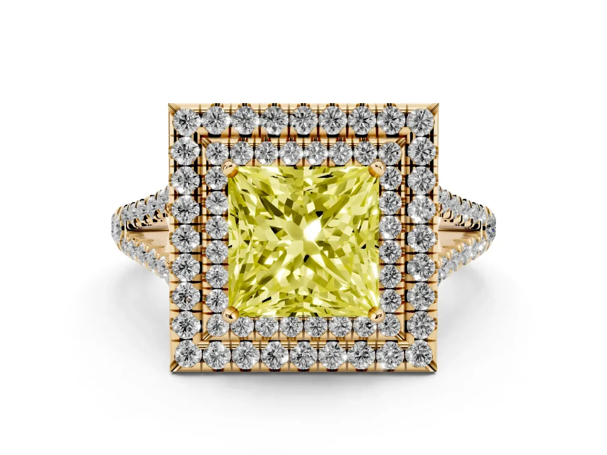 Fancy Yellow Princess Cut Diamond Double Halo Ring with Pavé Band and Prong Setting Yellow gold