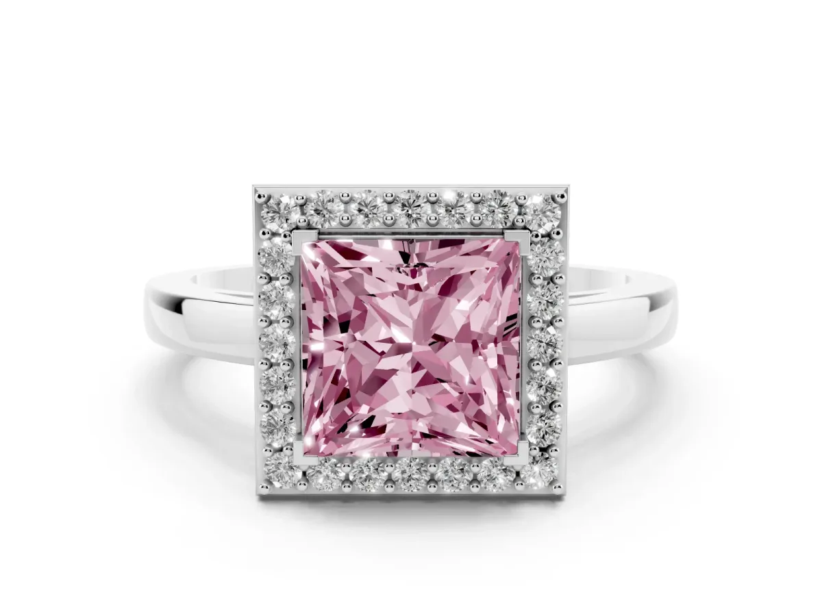 Fancy Pink Princess Cut Halo Diamond Ring with Solitaire Band and Prong Setting Platinum