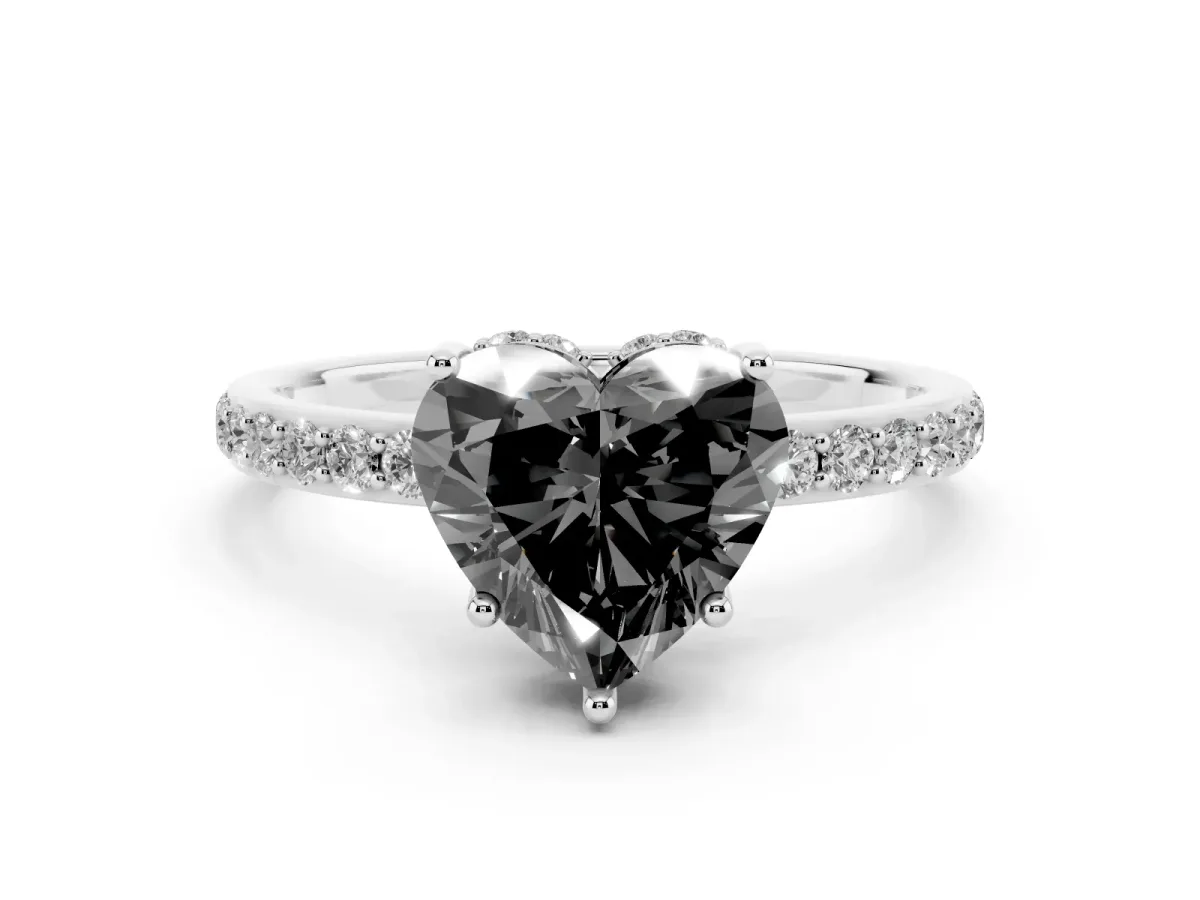 Fancy Black Heart Cut Diamond Solitaire Ring with Pavé Band and Hidden Halo Silver