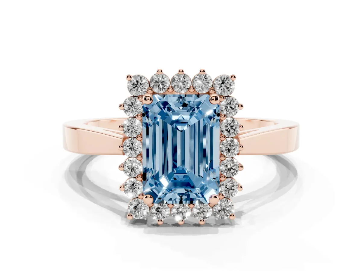 Fancy Blue Emerald Cut Cut Diamond Halo Ring with Round Brilliant Halo and Solitaire Band Rose gold