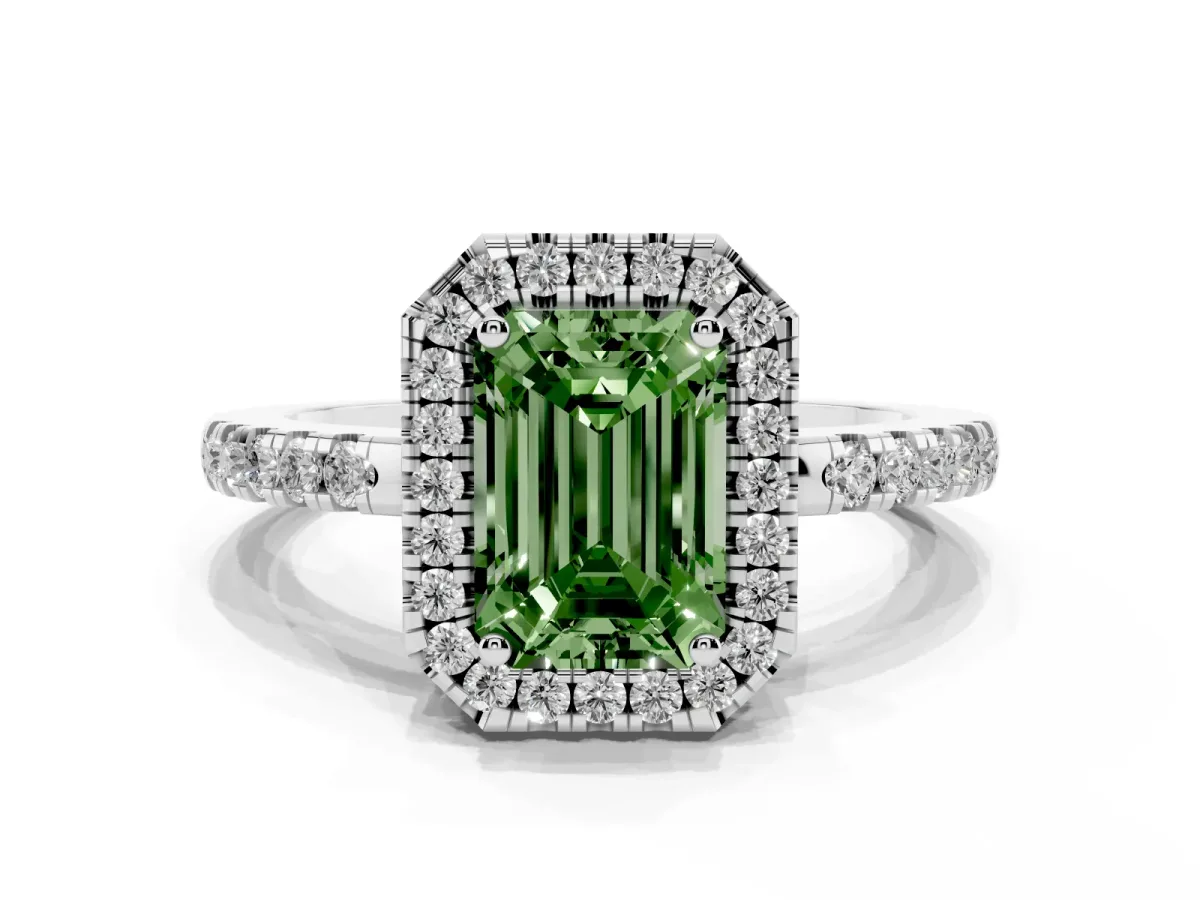 Fancy Green Emerald Cut Halo Diamond Engagement Ring with Pavé Band and Four-Prong Setting Silver