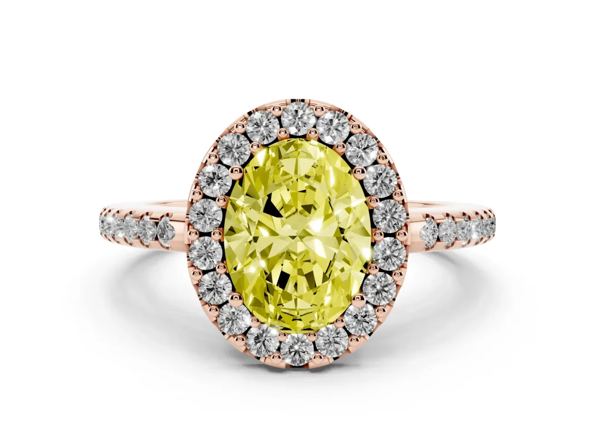 Fancy Yellow Oval Cut Diamond Pavé Halo Ring with Four-Prong Setting Rose gold