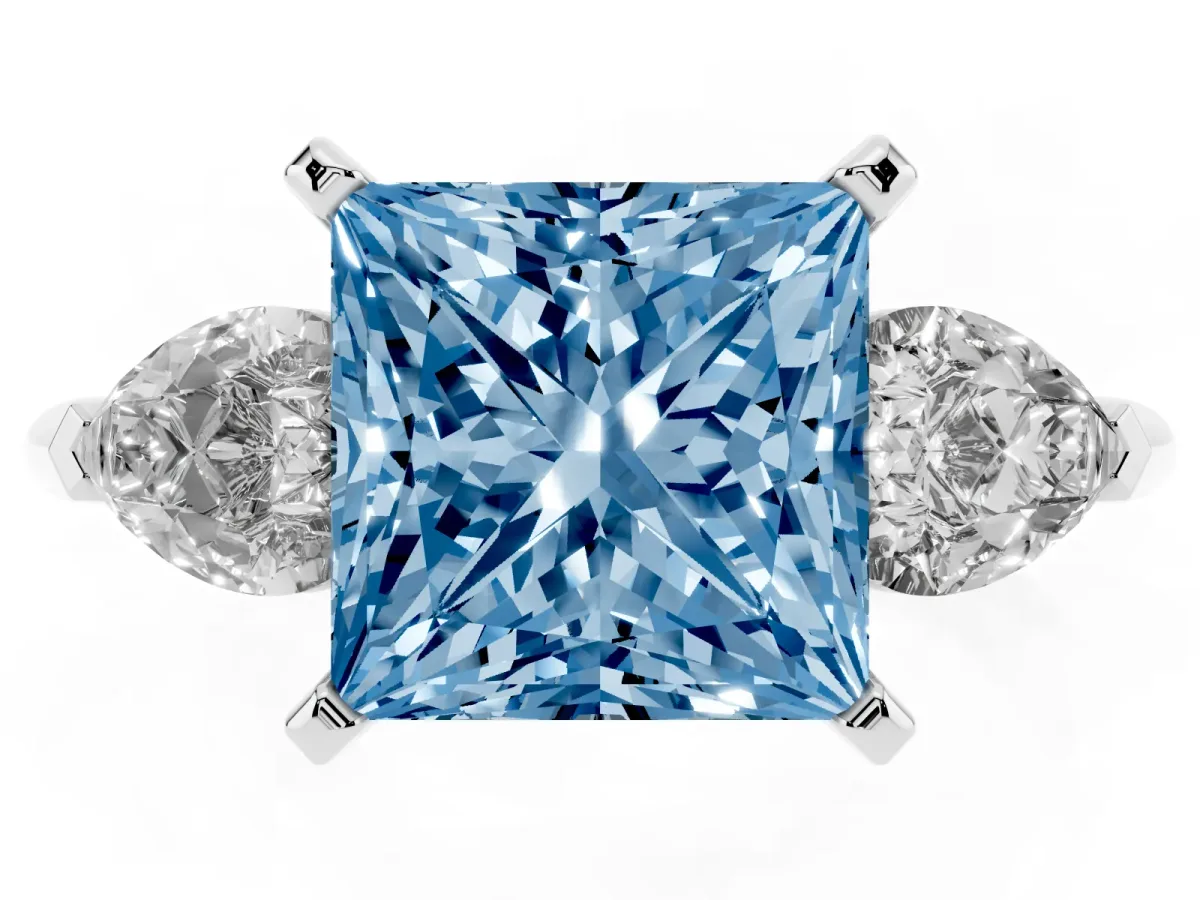 Fancy Blue Three-Stone Princess Cut Diamond Ring with Pear Side Stones and Four-Prong Setting Platinum