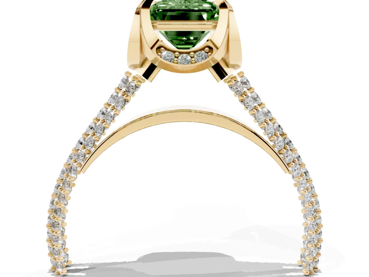 Fancy Green Emerald Cut Solitaire Pave Split Shank Ring with Four-Prong Setting Yellow gold