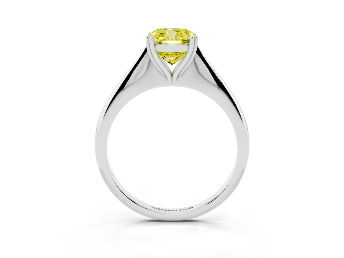 Fancy Yellow Cushion Cut Solitaire Diamond Ring with Six-Prong Setting and Classic Band Silver