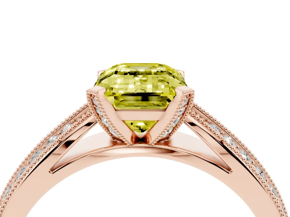Fancy Yellow Emerald Cut Diamond Solitaire Ring with Milgrain Round Pavé Band and Prong Setting Rose gold
