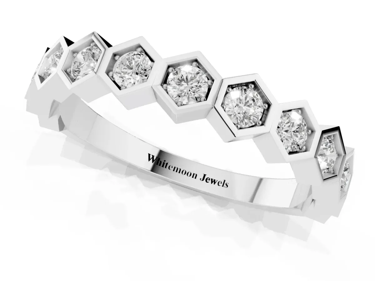 Hexagon Pave Diamond Eternity Band with Bezel Setting White gold