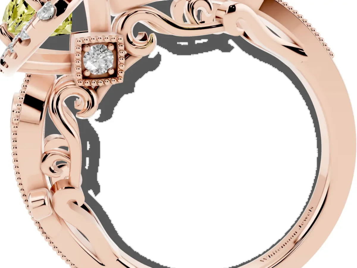 Fancy Yellow Marquise Cut Diamond Halo Ring with Milgrain Pavé Band and Four-Prong Setting Rose gold