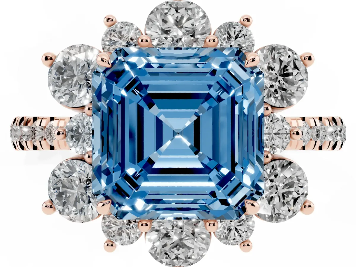 Fancy Blue Asscher Cut Diamond Floral Halo Ring with Round Pavé Band and Prong Setting Rose gold