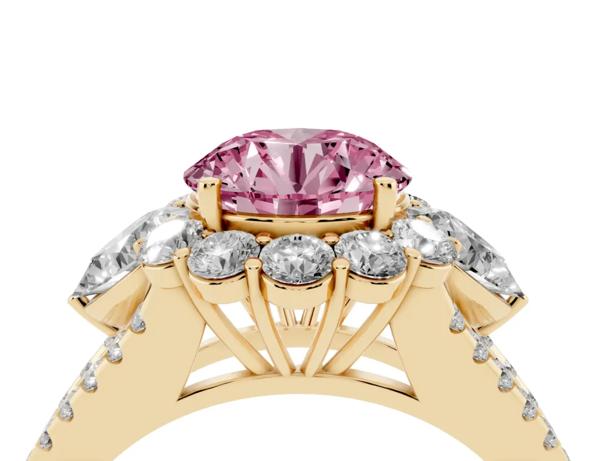Fancy Pink Round Cut Halo Split Shank Diamond Engagement Ring with Prong Setting Yellow gold