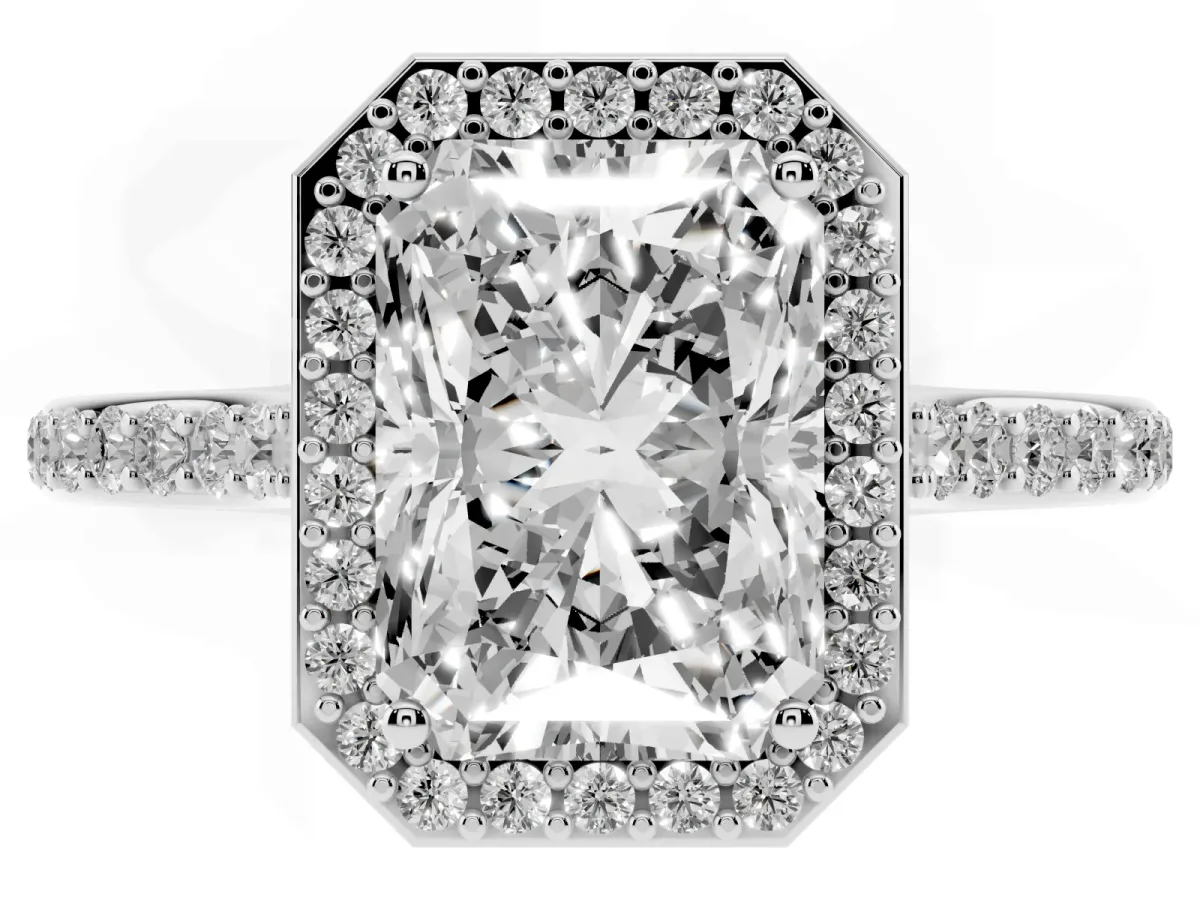 Radiant Cut Diamond Halo Engagement Ring with Round Pavé Shoulders and Prong Setting White gold
