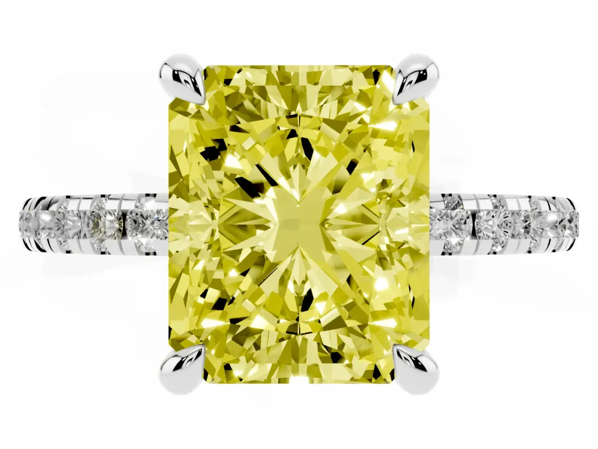 Fancy Yellow Radiant Cut Diamond Brilliant Solitaire Ring with Pavé Band and Four-Prong Setting Silver