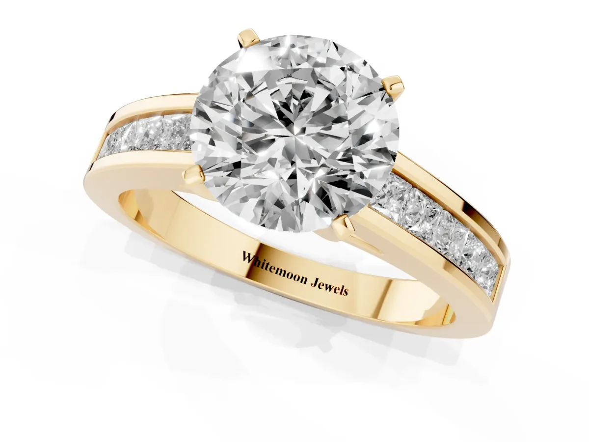 Round Cut Solitaire Diamond Ring with Channel-Set Band and Four-Prong Setting Yellow gold