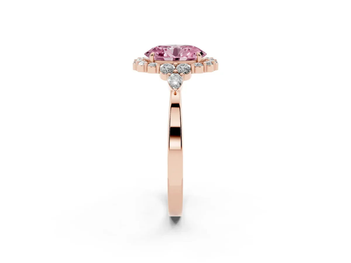 Fancy Pink Oval Cut Diamond Halo Ring with Pear Side Stones and Prong Setting Rose gold