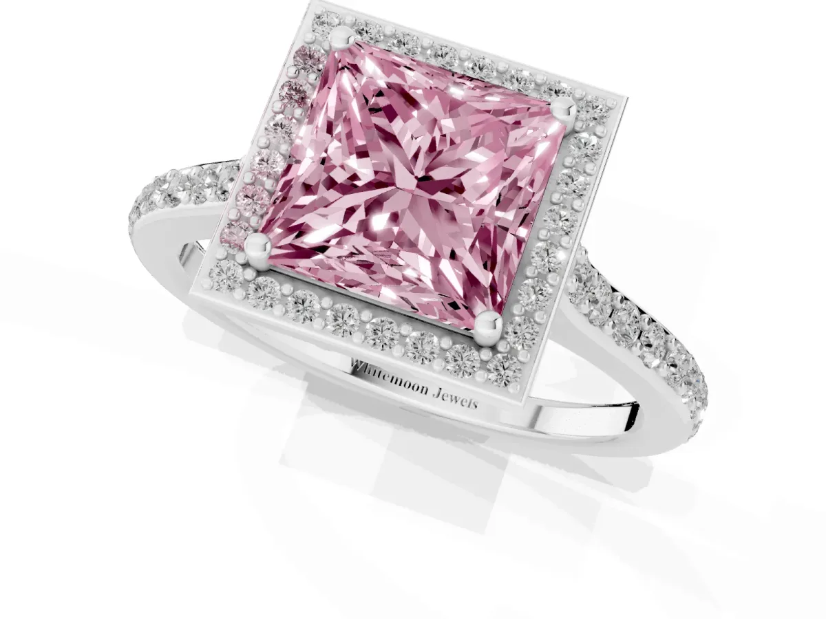 Fancy Pink Princess Cut Diamond Halo Engagement Ring with Round Pavé Shoulders and Prong Setting Silver