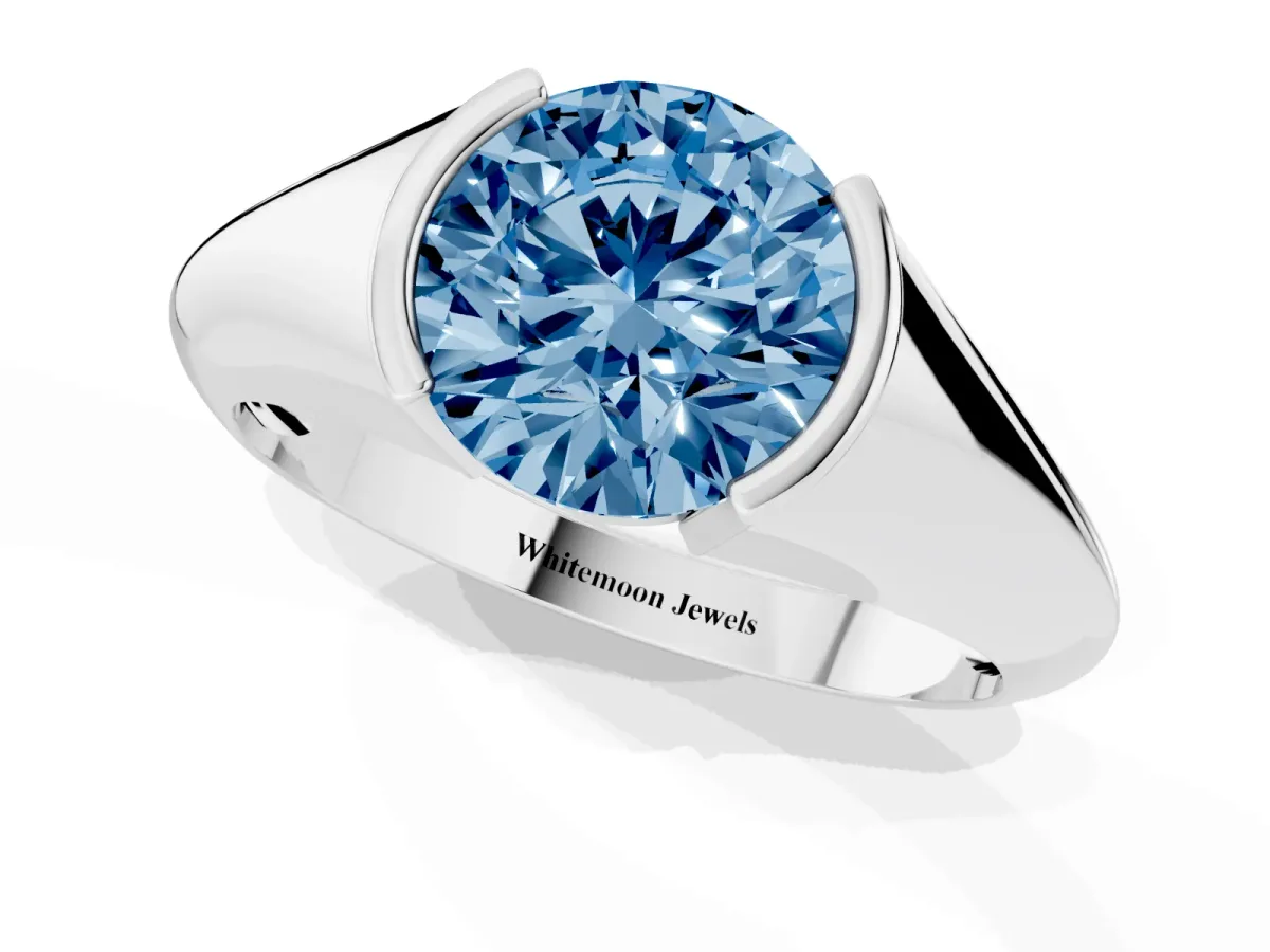 Fancy Blue Round Cut Solitaire Tension Set Diamond Ring White gold
