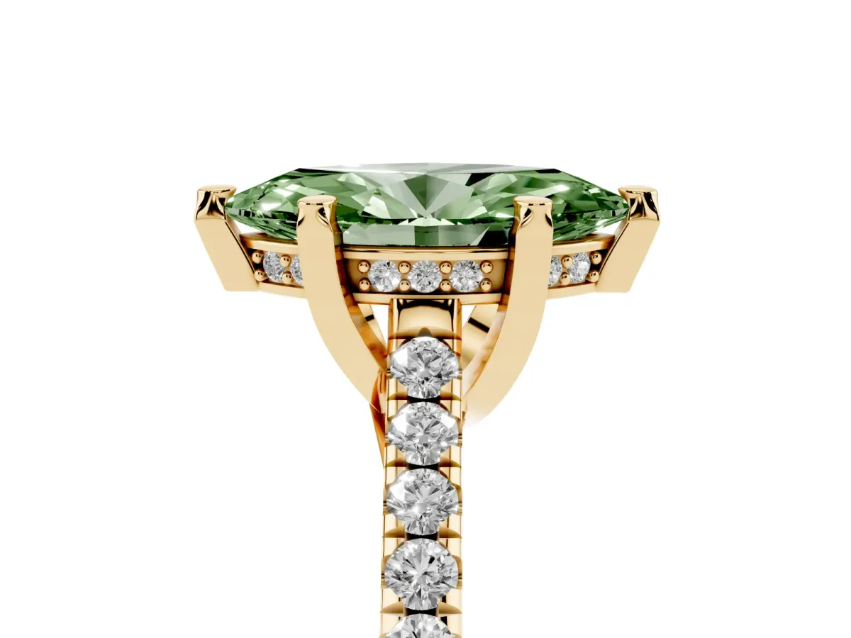Fancy Green Marquise Cut Brilliant Diamond Solitaire with Pavé Band and Four-Prong Setting Yellow gold