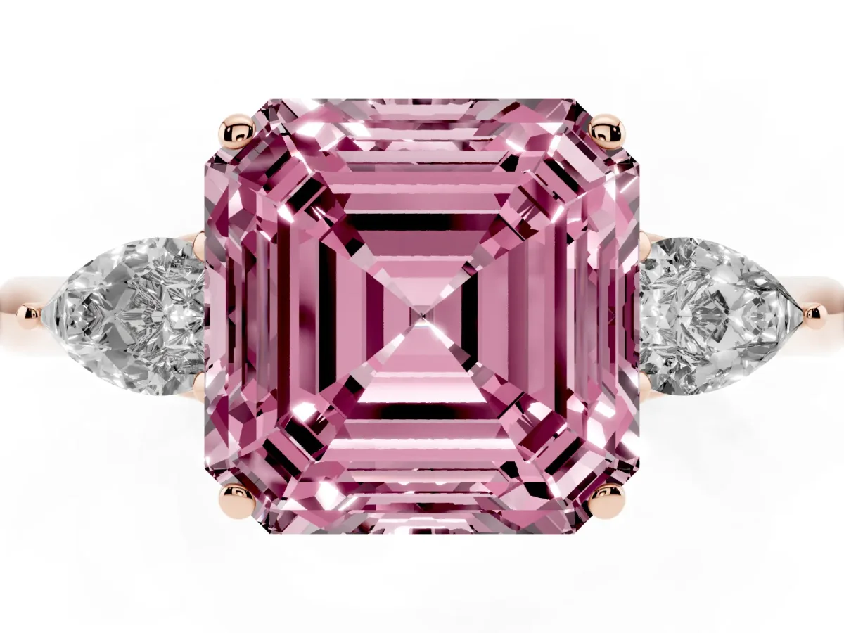 Fancy Pink Asscher Cut Diamond Three-Stone Ring with Pear Side Stones and Prong Setting Rose gold