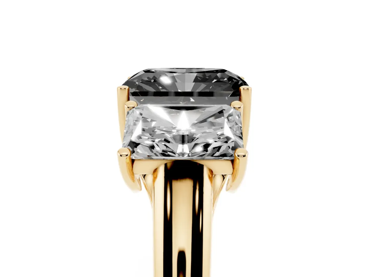 Fancy Black Three-Stone Radiant Cut Diamond Engagement Ring with Prong Setting Yellow gold